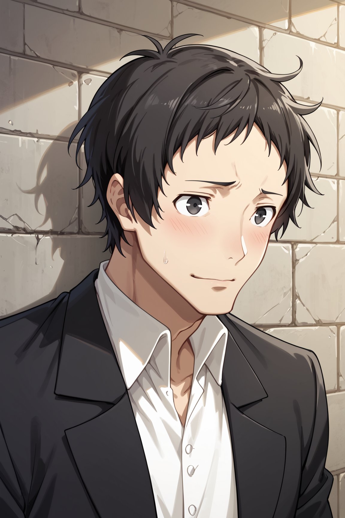 score_8_up, score_7_up, Expressiveh, masterpiece, best quality, best aesthetics, perfect anatomy, perfect proportions, high resolution, good colors, bright skin, good shading, good eyes, countershading, well detailed background, BREAK, male focus, male, Tohru_Adachi, short hair, black hair, black eyes, BREAK, suit, formal, black jacket, white shirt, collared shirt, wall, portrait