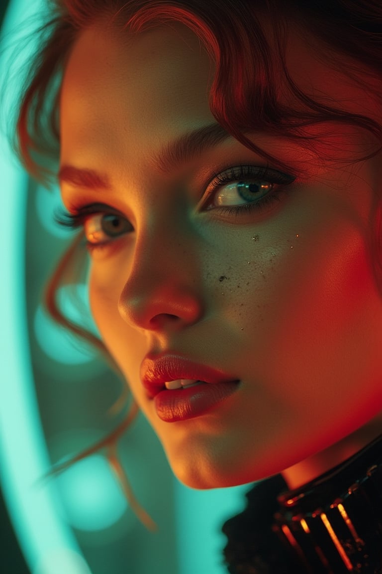 A close-up shot of a woman's face, blending retro and futuristic elements. Her expression is serene, with soft, warm lighting highlighting her features. Her eyes reflect a digital glow, and her makeup is a mix of vintage elegance and high-tech accents. The background is a blurred, abstract pattern of neon lights and old-school circuitry, creating a contrast between the past and future.