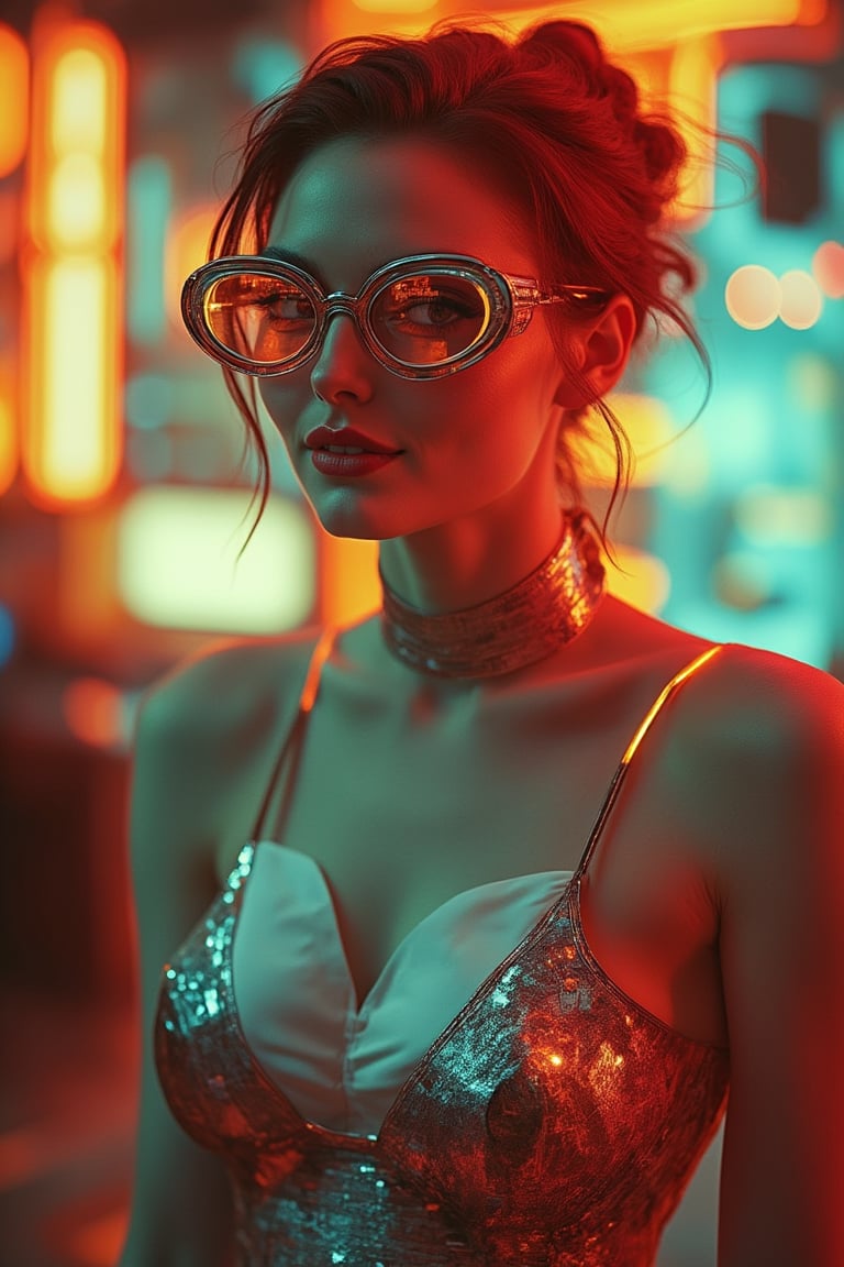 A retro-futuristic portrait of a woman wearing a sleek, metallic dress with digital patterns and neon accents. She has stylish, oversized glasses with a vintage frame design and futuristic lenses that reflect a digital glow. The scene is softly lit with warm, ambient lighting, highlighting her elegant features and the intricate details of her attire. The composition frames her in a confident pose, with a subtle smile, capturing the blend of nostalgia and innovation. The background features a blurred, abstract pattern of neon lights and old-school circuitry, enhancing the retro-futuristic atmosphere.