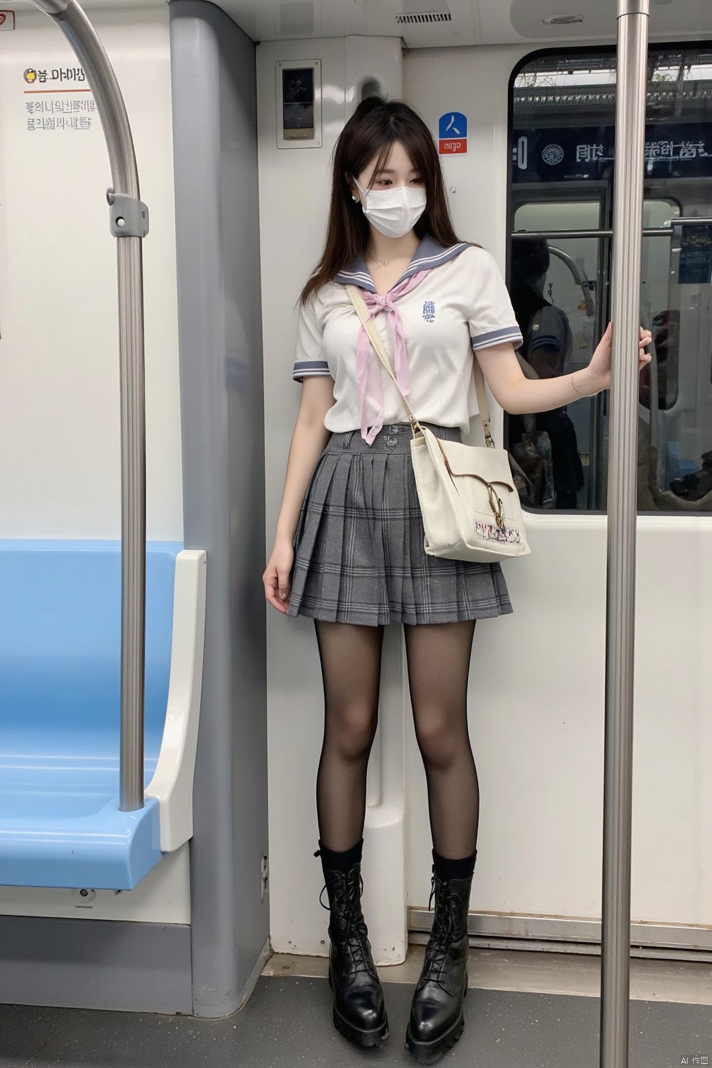 Masterpiece, best quality, amazing details, realistic photos, 1girl, ponytail, with mask, high quality fair skin, big breast, school uniform, plaid skirt, school bag, (shiny pantyhose), long legs, high heels, fashionable posture, full body, subway station,