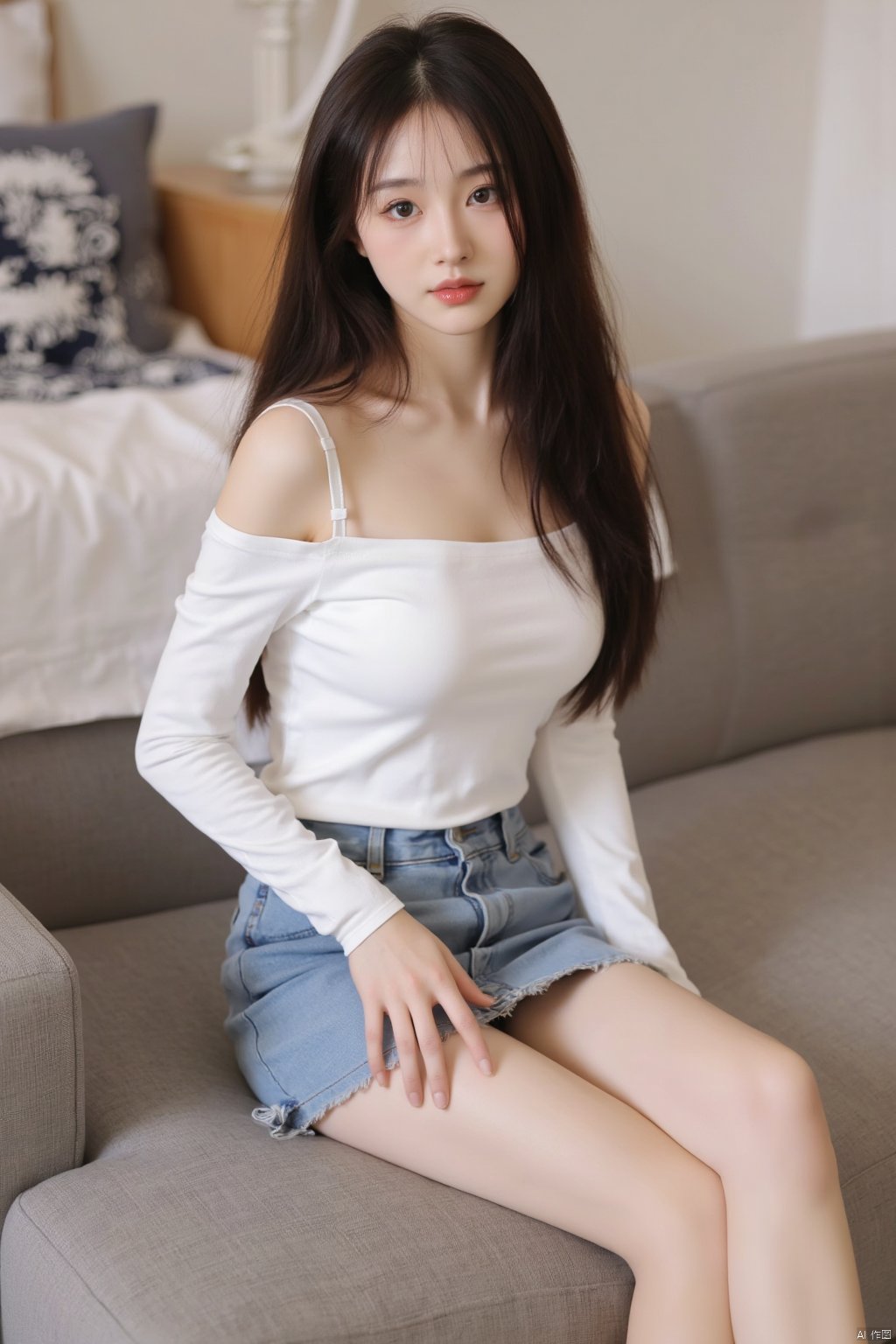 Masterpiece, best quality, stunning details, realistic photos, 1girl, long hair, high quality fair skin, big breasts, off shoulder shirt, denim skirt, cute panties, long legs, slipper, sitting, full body, living room,