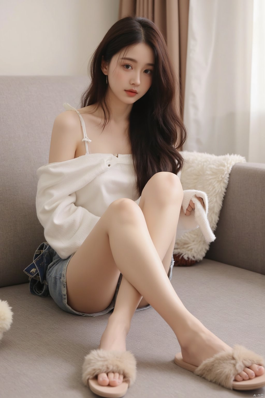 Masterpiece, best quality, stunning details, realistic photos, 1girl, long hair, high quality fair skin, big breasts, off shoulder shirt, denim skirt, cute panties, long legs, slipper, sitting, full body, living room,