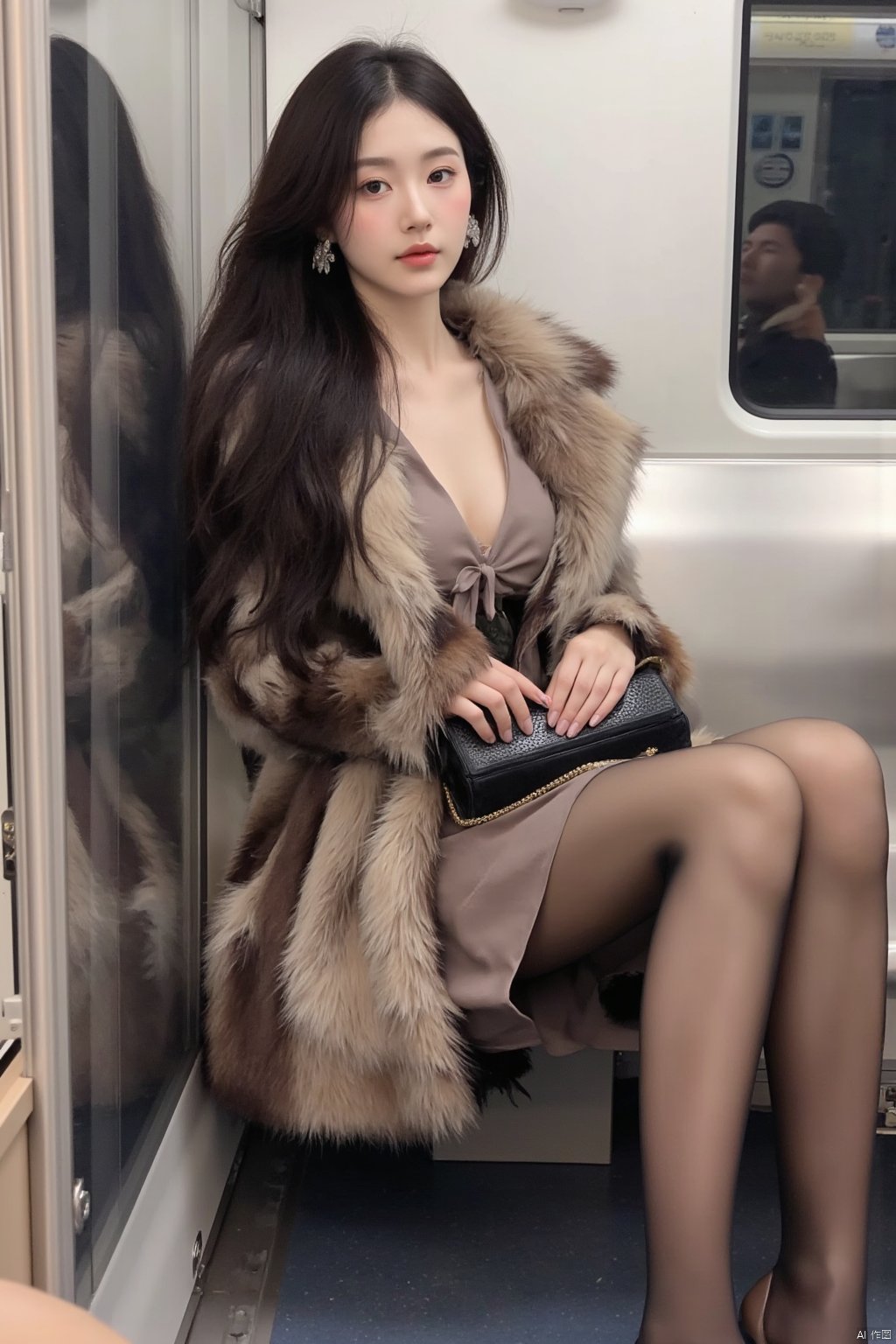 Masterpiece, best quality, stunning details, realistic photos, 1girl, long hair, high quality fair skin, big breasts, stylish dress, mink coat, (shiny pantyhose), long legs, high heels , sitting, full body, subway,