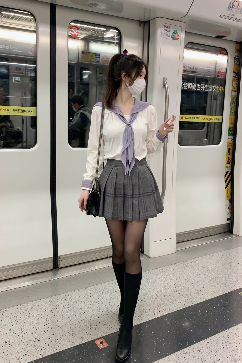 Masterpiece, best quality, amazing details, realistic photos, 1girl, ponytail, with mask, high quality fair skin, big breast, school uniform, plaid skirt, school bag, (shiny pantyhose), long legs, high heels, fashionable posture, full body, subway station,