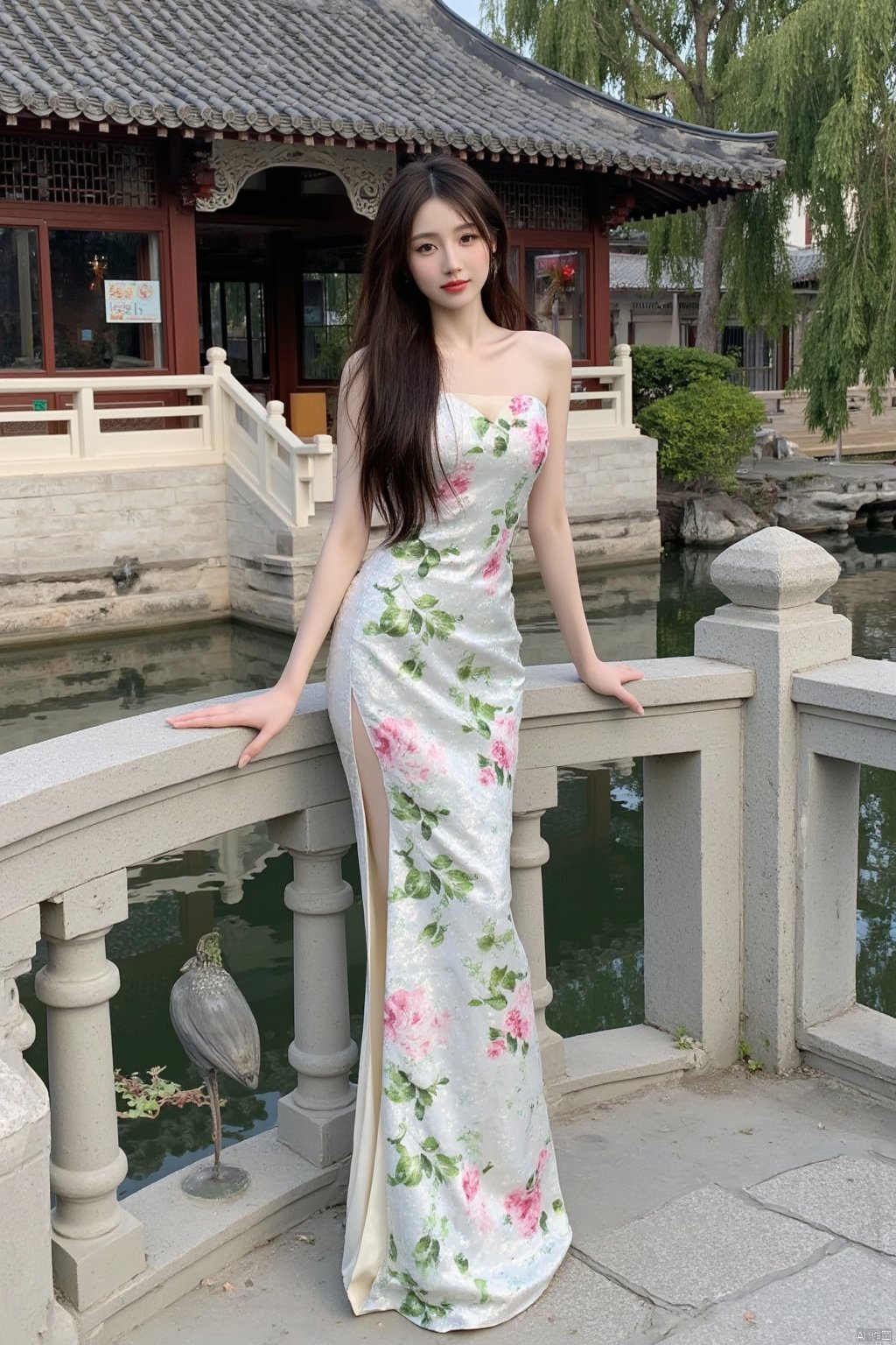 Masterpiece, best quality, stunning details, realistic photos, 1girl, long flowing hair, high quality fair skin, big breasts, (high-cut cheongsam), (shiny pantyhose), long legs, high heels, fashion pose, full body, (West Lake), long stone bridge, Chinese style pavilion,