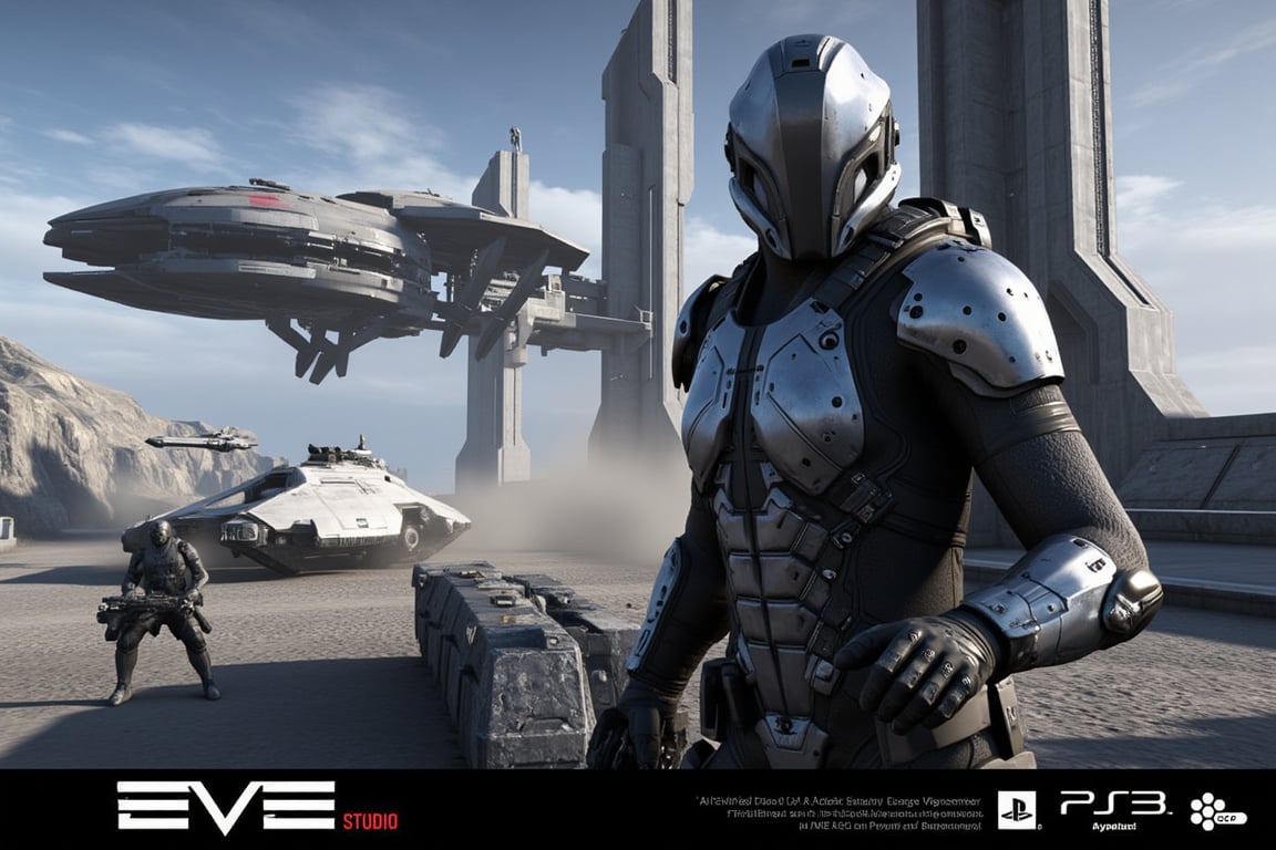  FuturisticWarrior style,,close up ((amarr heavy)) dropsuit and ((caldari LAV)) on the destroyed bridge, ((gallente dropship)) on the sky.The word "Aderek Studio" is written in white text on the bottom right corner, with the word "EVE" in a larger font size than the rest of the text.