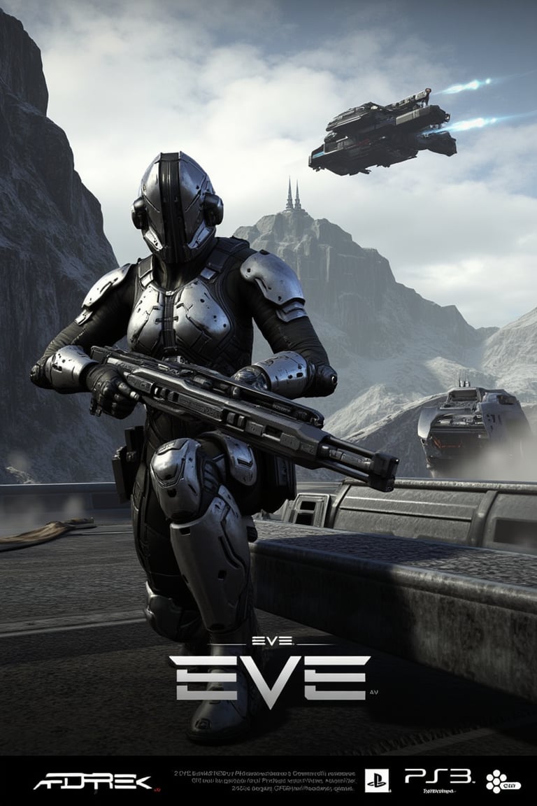  FuturisticWarrior style,,close up ((amarr heavy)) dropsuit and ((caldari LAV)) on the destroyed bridge, ((gallente dropship)) on the sky.The word "Aderek Studio" is written in white text on the bottom right corner, with the word "EVE" in a larger font size than the rest of the text.