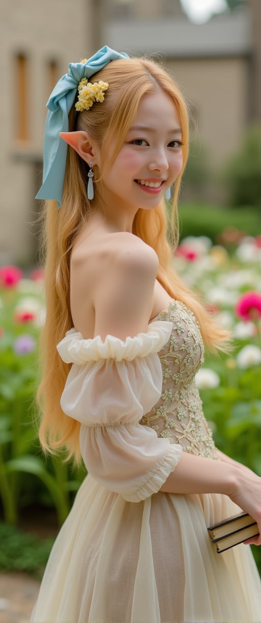 A smiling elf woman in the garden of a castle in another world. She is mid-chested and has long golden hair tied into a ponytail with a light blue ribbon tied at the end of her hair. The camera captures her entire body, and the background is blurred, showing the colorful flowers in soft hues. She is wearing an elegant dress with fine floral embroidery and a fluttery skirt. Large jewel earrings sparkle in her ears, and small golden flowers adorn her hair. In her hand was a small book, the pages waving in the wind. ,





...,ct-smeraldity,ct-gigi identiy,ct-rosity,ct-hyuntity,ct-leetity,ct-arix,ct-savaga,ct-muun,ct-kbright,ct-vituajis,ct-style10,ct-jennie