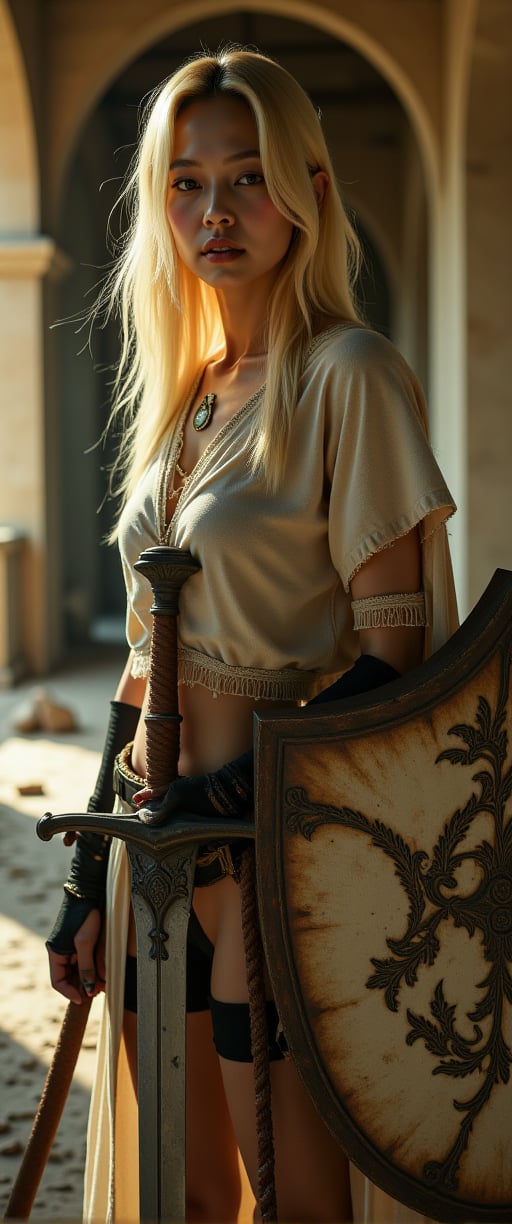 A breathtaking close-up of a fierce elderly Dark Paladin, standing amidst the ruins of her poorly maintained castle. Soft, natural light casts a warm glow on her vibrant blonde hair and delicate skin. The camera captures every detail with stunning color and sharp focus, highlighting her physique.

In one hand, she holds a battle-worn sword, its worn leather hilt a testament to countless battles fought. Her other hand grasps a shield emblazoned with a large, intricate pattern, its surface scarred from fierce clashes.

The studio lighting creates deep shadows, adding depth and dimensionality to the scene. A subtle bokeh effect softens the background, allowing the viewer's attention to remain fixed on the Dark Paladin's imposing figure.

Framing: Close-up

Lighting: Soft natural light with dynamic shadows

Composition: The subject is centered, with the battle-worn sword and shield filling the frame.

Pose/Action: Standing confidently, ready for battle

Location: A poorly maintained castle in a dystopian world

Subject: A fierce elderly Dark Paladin with massive blonde hair and a threadbare linen tunic.