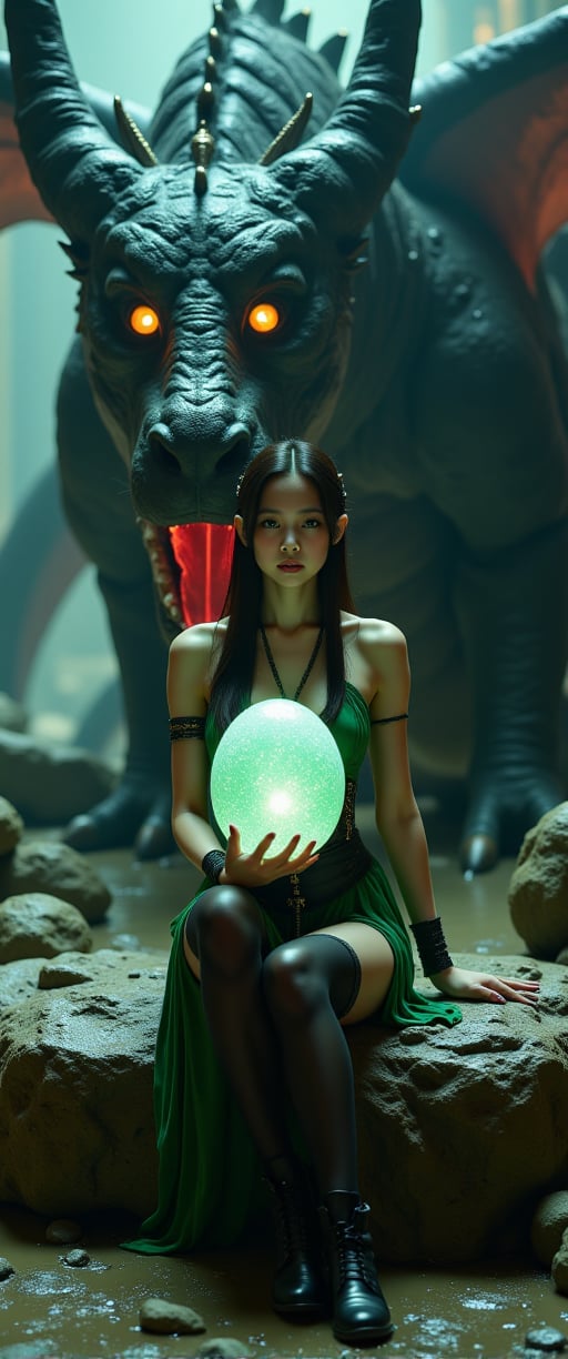 A breathtaking a medium-sized depiction of a woman sitting in a big stone inside the dragon´s liar,(creepy,spooky,dark,wet,reflections,sparks,mist)   holding a luminiscents dragon´s egg in front of a large dragon. The woman is dressed in a green corset, adorned with a brown belt and brown boots. She is holding a sword in her right hand, while her left hand holds a luminiscent dragon´s egg. The  black dragon's mouth is open, revealing a red tongue. The backdrop is a dragon´s liar. dark fantsy,raw dark,mist, sparks,reflecitons,chiarosurio,The studio lighting creates deep shadows, adding depth and dimensionality to the scene. A subtle bokeh effect softens the background, allowing the viewer's attention to remain fixed on the woman´s imposing figure.