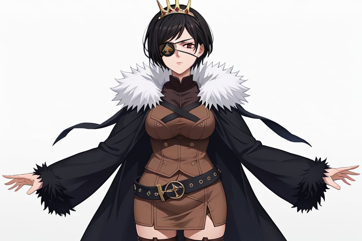 score_9, score_8_up, score_7, source_anime, anime screencap, BREAK,
1girl, black hair, short hair, crown, red eyes, eyepatch , brown vest, brown skirt, belt, straps, brown thigh highs, black jacket, fur trim, crown, fur trim, belt, cape, zettai ryouiki, jacket thighhighs, long sleeves, cloak, short dress, 

, Cowboy shot, 

, ((white background, blank background)):1.3,Vanica