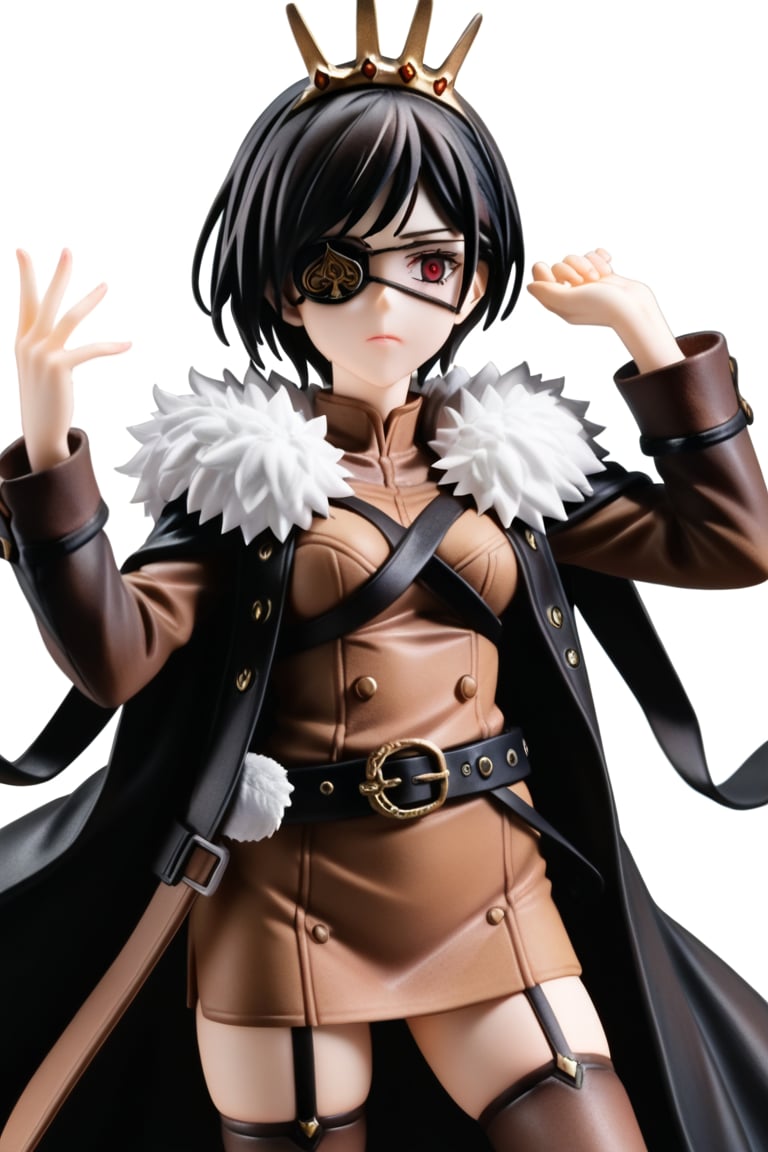 score_9, score_8_up, score_7, source_anime, anime screencap, BREAK,
1girl, black hair, short hair, crown, red eyes, eyepatch , brown vest, brown skirt, belt, straps, brown thigh highs, black jacket, fur trim, crown, fur trim, belt, cape, zettai ryouiki, jacket thighhighs, long sleeves, cloak, short dress, 

, Cowboy shot, 

, ((white background, blank background)):1.3,Vanica