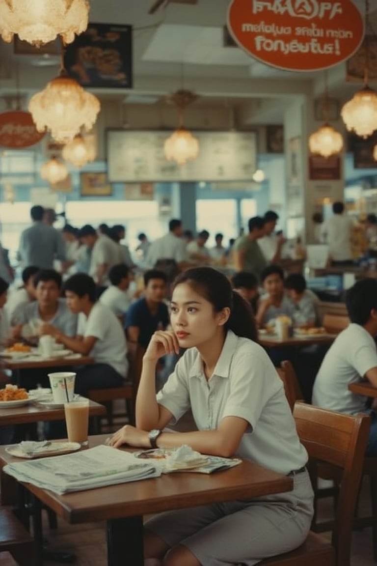 A 1990s Malaysian kopitiam scene featuring a woman in her 30s, sitting at a wooden table. She is dressed in a simple blouse and skirt, with a cup of coffee and a newspaper in front of her. The kopitiam is bustling with activity, filled with patrons enjoying various local dishes. The woman has a thoughtful expression, her hair neatly tied back. The scene is illuminated by warm, incandescent lighting, with traditional decor and posters on the walls. The background includes other customers chatting and the sound of clinking dishes, capturing the lively atmosphere of a 1990s Malaysian kopitiam.