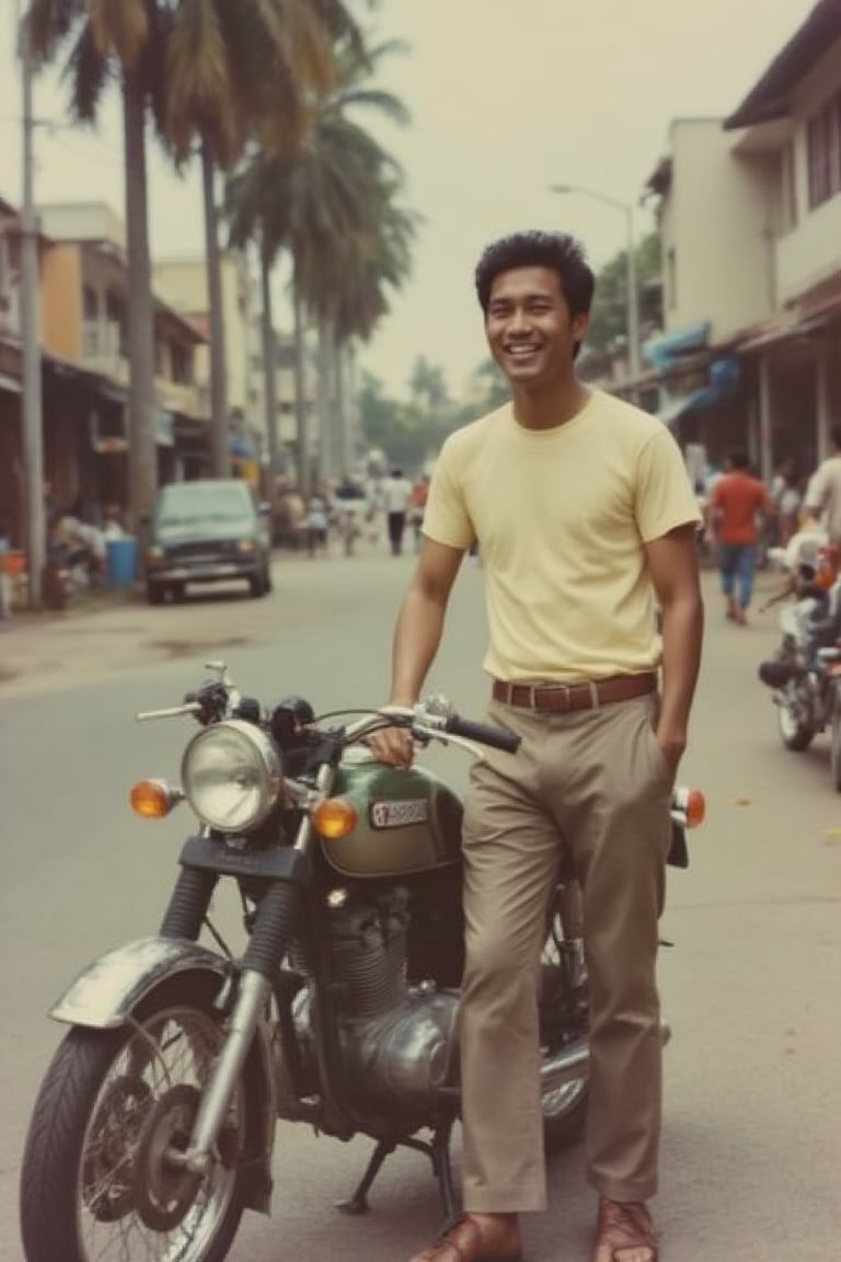 A 1990s Malaysian street scene with a man in his 30s, standing next to his vintage motorcycle. The man is dressed in casual attire, with a relaxed posture, one hand on the bike's handlebar and the other in his pocket. The motorcycle is an old-model, gleaming under the warm sunlight. The scene is set on a quiet street lined with palm trees and traditional shophouses. The man has a confident expression, with a slight smile. The background includes distant buildings and a few pedestrians, capturing the laid-back vibe of 1990s Malaysia.