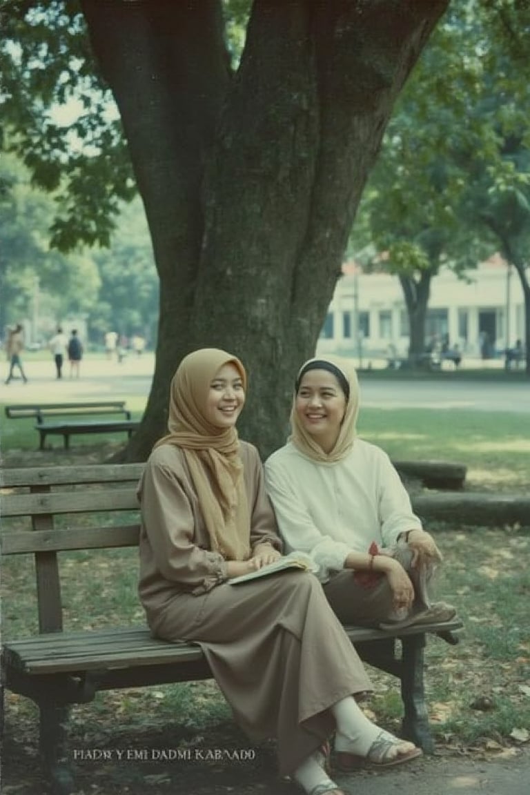 A 1990s Malaysian park scene with a Malay woman in her 30s, wearing a plain hijab and sitting on a wooden bench under a large tree. She is dressed in a modest blouse and skirt, with a serene expression. The scene is bathed in soft, dappled sunlight filtering through the tree's leaves. The woman holds a book in her lap, her posture relaxed. The background includes lush greenery, distant park paths, and occasional passersby, capturing the peaceful ambiance of a 1990s Malaysian park.