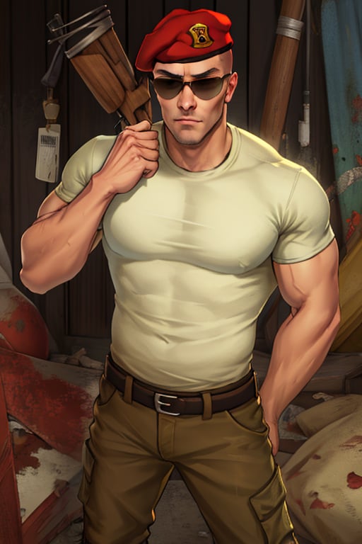 perfect anatomy, perfect proportions, best quality, masterpiece, high_resolution, high quality, best aesthetic, incredibly absurdres, highres, extremely detailed, huge filesize, mature, masculine, manly, virile, handsome, charming, alluring, bara, male focus, solo male, cowboy shot, dutch angle, source_game \(Fallout: New Vegas\), official style \(Fallout: New Vegas\), Craig Boone, FNVBoone, bald, green eyes, Boone_Outfit01, sunglasses, red beret, 1st Recon beret, white undershirt, short sleeves, brown military-esque cargo pant, combat boots,