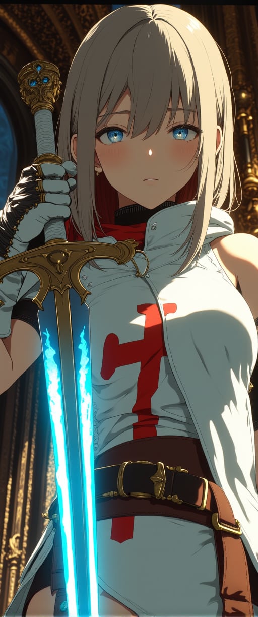 (medieval fantasy), (flat color anime style 2d) closeup portrait of female japanese templar knight, white plated armor with white tabard red templar cross, holding large sword glowing blue with magical energy, standing in ray of sunlight inside medieval cathedral, directional lighting, masterpiece, perfect composition, perfect hands,ct-fantasioil,ct-anime55,ct-physmstyle