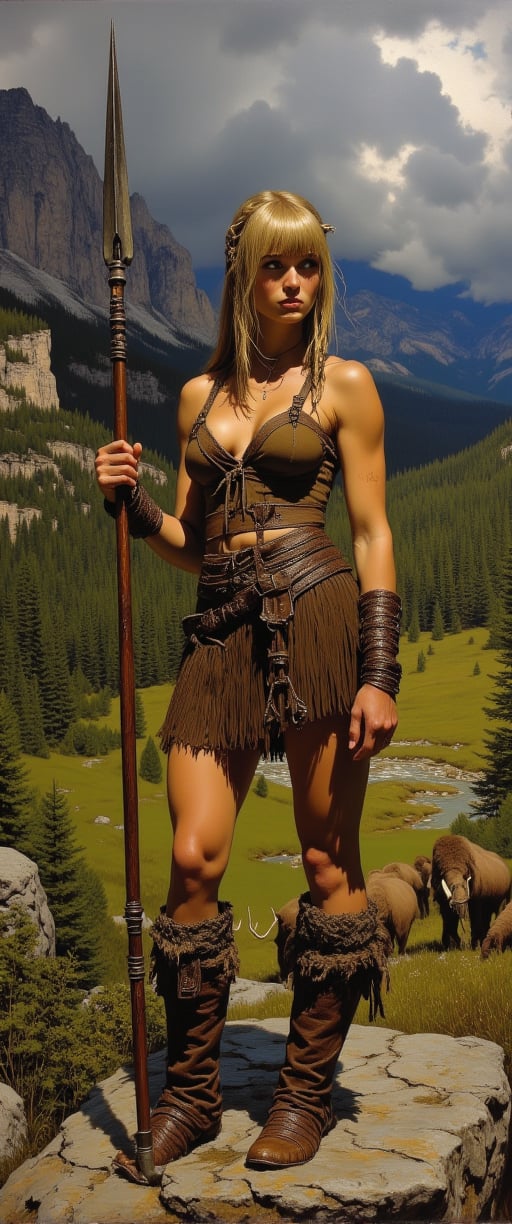 A striking prehistoric woman, muscular and graceful, wearing furs and leather straps, stands poised with a spear in hand, ready to hunt. Her skin is marked with tribal paint, and her braided hair is decorated with bones and feathers. Behind her stretches a vast, untamed wilderness of towering mountains and dense forests. The sky is stormy, with dark clouds rolling in, and a herd of mammoths grazes in the distance. She stands on a rocky ledge, surveying the valley below, where ancient cave paintings depict the hunt and survival of her tribe.
