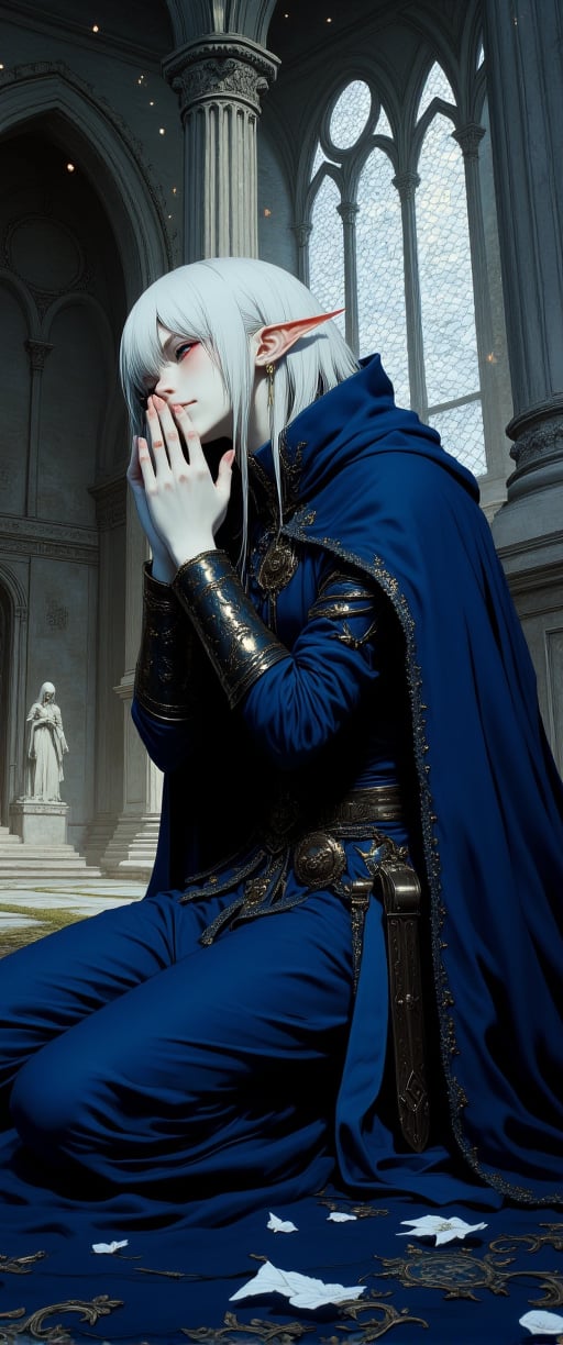 full body shot, masterpiece, best quality, elf, vampire hunter, dark blue layered clothing, dark blue cloak, 1man, extremely beautiful, handsome, Long white wavy hair, white eyelashes, blue eyes, red pupils, slender body, model pose, tall, perfect composition, kneeling, praying, confused, closed eyes, confused, man, albino, closed his eyes, hair between eyes, ruins of the old temple, white skin, Light from above, fireflies,l,ct-anime55,ct-physmstyle,ct-jennie