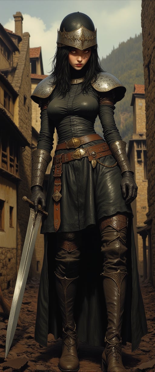 scary looking female warrior, swinging a longsword with both hands, intricate black and gold armor, crusader helm, red eyes, black hair, scars on face, destroyed village in the background, ne0nfant4sy

