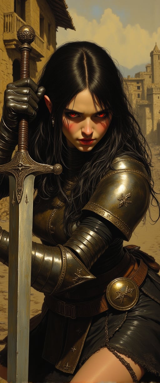 scary looking female warrior, swinging a longsword with both hands, intricate black and gold armor, crusader helm, red eyes, black hair, scars on face, destroyed village in the background, ne0nfant4sy

