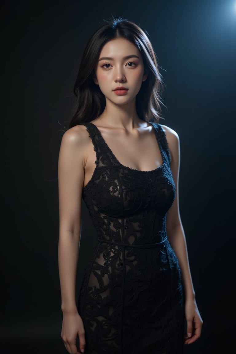 A 25-year-old Asian woman with porcelain-like skin and shoulder-length raven-black hair stands confidently in a dimly lit studio, illuminated by a combination of softbox lights and a sidelight. The volumetric lighting casts a subtle gradient of shadows across her features, accentuating the sharp angles of her cheekbones and the curves of her lips. Her full lips curve into a gentle, enigmatic smile, and her bright, expressive brown eyes seem to hold a secret. She wears a fitted, high-fashion evening gown made of intricate, hand-beaded silk, its surface reflecting the soft light and adding depth to the image.

**Supporting Characters:** Joining Astrid on her journey are a cast of complex and intriguing characters, including:

* Julian Saint Clair, a brooding and handsome model with a dark past
* Lena Grant, Astrid's fiery and supportive best friend and confidante
* Victor LaGrange, a ruthless and cunning fashion mogul with a hidden agenda

**Branding Type:** "Eclipse" - a sleek and modern film brand that exudes sophistication, mystery, and high-stakes drama.

**Tagline:** "In the shadows, beauty lies in wait."

**Visual Style:** The visual style of "Fading Light, Eternal Shadow" is dark, moody, and intensely cinematic. Think "Blade Runner" meets "The Devil Wears Prada" with a dash of "La Vie en Rose" thrown in for good measure. The color palette is predominantly dark and muted, with flashes of bright color to highlight the beauty and drama of the fashion world. Think bold, striking images that leap off the screen and grab the viewer by the throat.