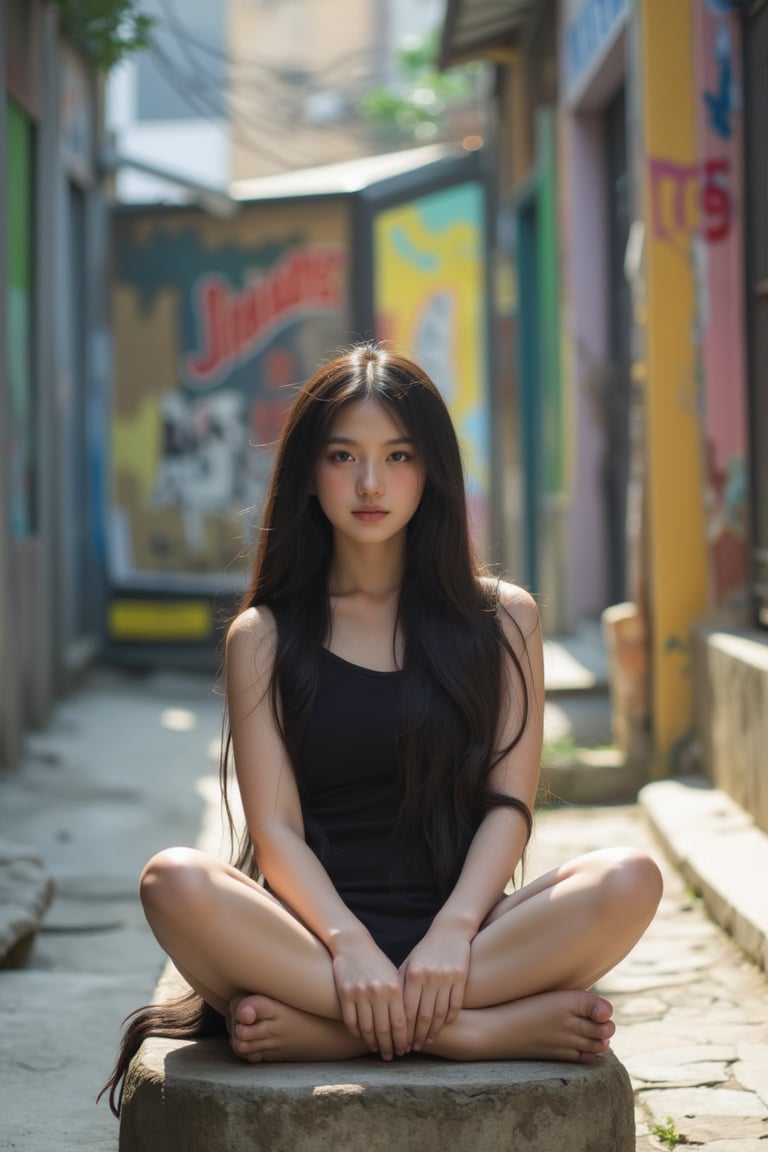 A Vietnamese young girl, with long black hair and bright brown eyes, sits cross-legged on a worn stone bench, surrounded by vibrant graffiti-adorned walls of a bustling city alleyway. Soft morning light casts a warm glow on her gentle features, highlighting the subtle texture of her skin as she gazes out at the urban landscape. Her quiet confidence and introspective expression convey a sense of resilience and hope in the midst of uncertainty. Amidst the vibrant colors and artistic expressions, she embodies the duality of life's beauty and struggle.,Enhanced all