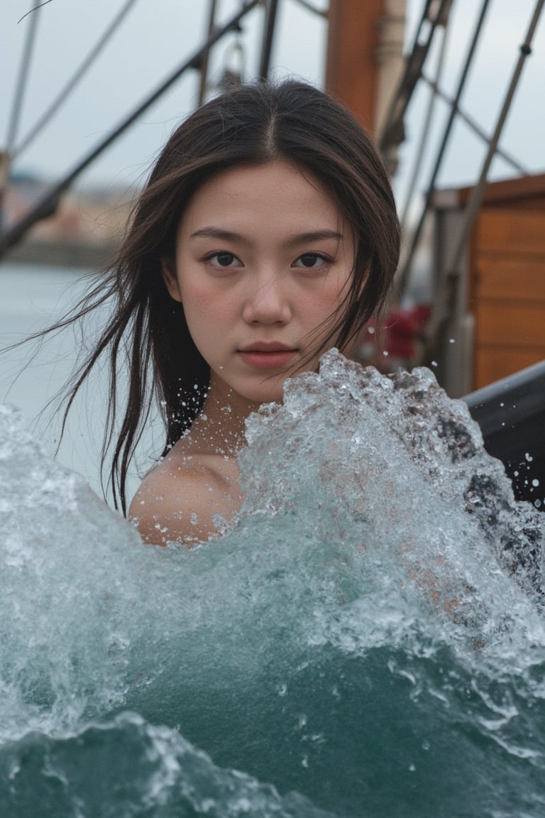 A photorealistic portrait captures a girl's weathered features and rugged beauty, her face aged by years spent at sea. Framed by a salt-and-pepper beard dancing in the wind, her deep ocean-blue eyes stand out. Superimposed on this scene are turbulent waves crashing against an old wooden ship, seamlessly blending with the smiling girl's silhouette merging into the cresting waves. This subtle fusion allows glimpses of her expression and details amidst the churning sea. Warm tones evoke a sense of adventure and resilience, suggesting she has weathered life's storms and become one with them.,Enhanced all,biological