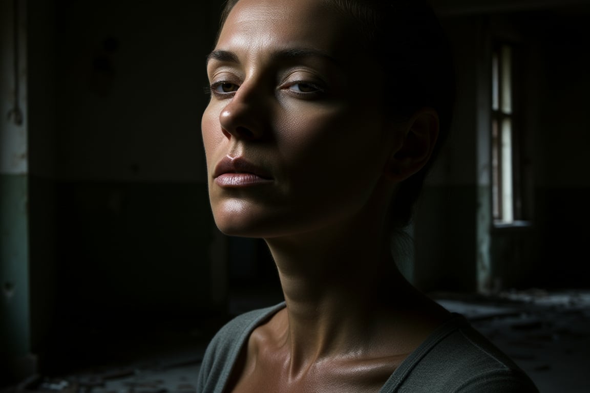 a REMBRANDT Lighting head portrait photograph with REMBRANDT lighting technique, the location is in studio with large props of the abandoned house near a dark woods