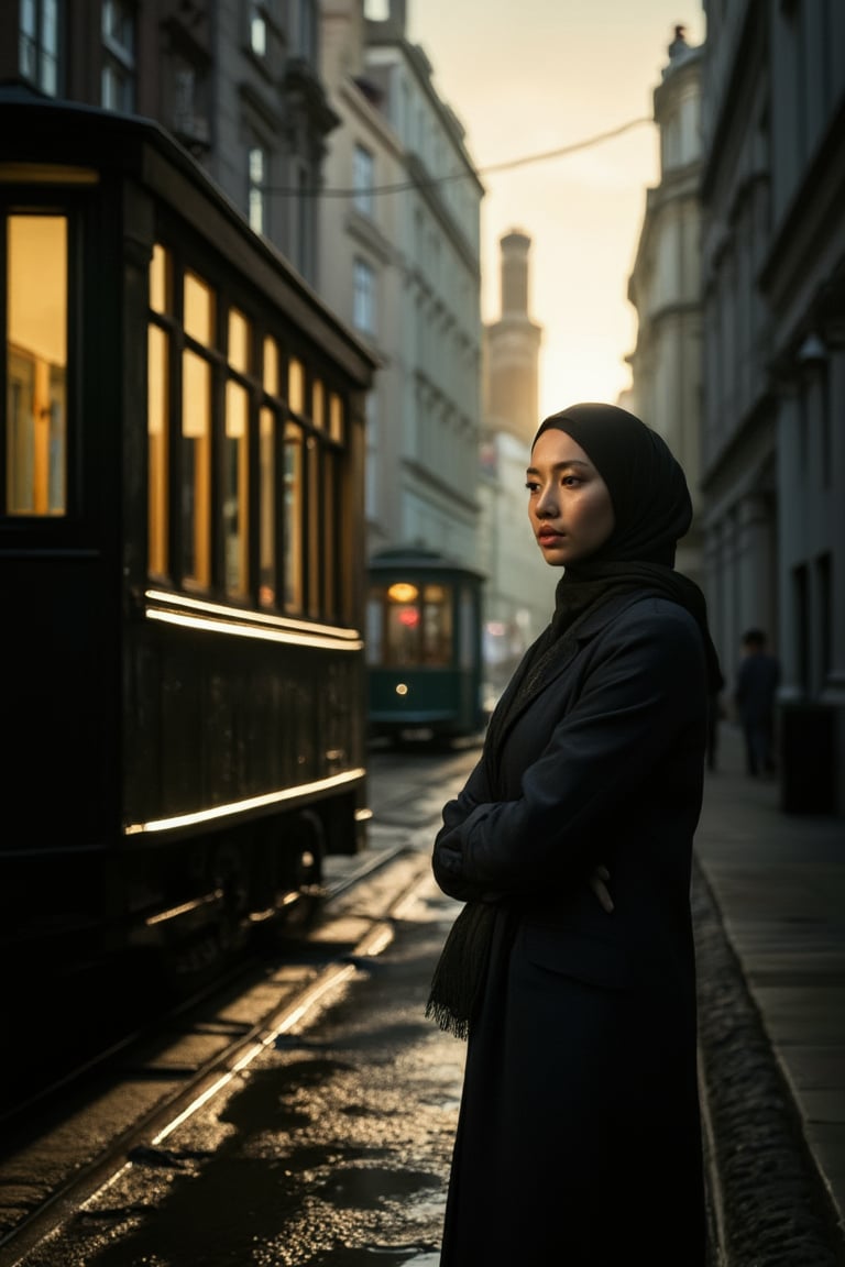 Here's a high-quality coherent stable diffusion prompt based on your input: A 1920s town scene at dusk: a confident young hijabi stands resolute near a vintage tram, bathed in REMBRANTDT Rembrandt-inspired studio lighting that casts dramatic shadows on her determined face and drenched attire. Her unwavering spirit is illuminated by the soft spotlight as she confronts the rain-soaked alleyway, where naval ships dock in the distance, smoke wisps drifting from chimneys, and water pools on the wet street. She stands with shoulders squared, facing the gloomy atmosphere with unyielding resolve, her features highlighted by the dramatic lighting that heightens her sense of defiance.
