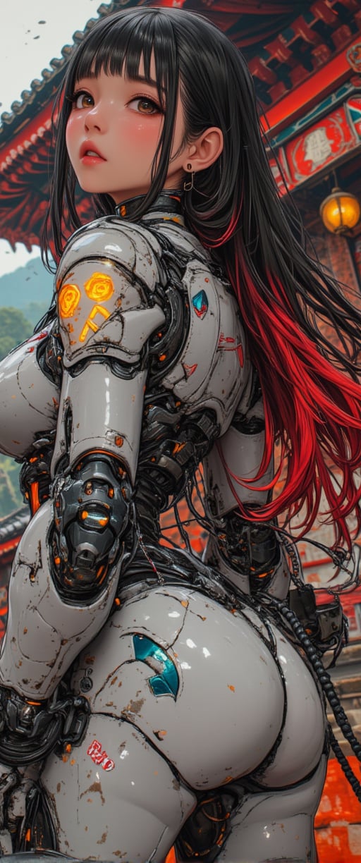 , anime, cyberpunk robot samurai woman, long loose two-tone hair, black with red streaks, helmet, white and neon armor, robot joints, body made of metals, cables and wires, turning around to look at viewer, abstract background of traditional east asian palace architecture,ct-physmstyle,ct-anime55