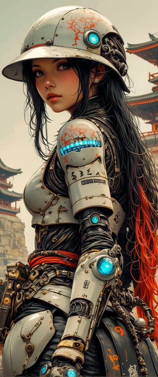 , anime, cyberpunk robot samurai woman, long loose two-tone hair, black with red streaks, helmet, white and neon armor, robot joints, body made of metals, cables and wires, turning around to look at viewer, abstract background of traditional east asian palace architecture,ct-physmstyle,ct-anime55