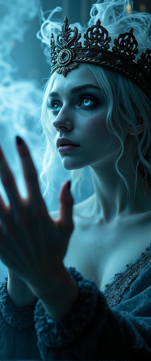  high-quality, masterpiece, A phantom queen, her cold, regal expression captured in a tight shot, eyes glowing with ghostly authority. Her cracked crown floats slightly above her translucent head, and wisps of smoke curl around her features. The camera frames her face as she raises her hand, summoning a wave of spectral energy in the background, barely visible as a faint glow. The scene radiates eerie power, high contrast, sharp lighting on her face, close-up, ghostly energy, (elaborate fine details:1.1), (elaborately detailed attire with extraordinary elements:1.1), (hyperdetailed:1.1), (intricate details:1.0), (Refined details:1.1), (best quality:1.1), (high resolution:1.2),ct-physmstyle,ct-anime55