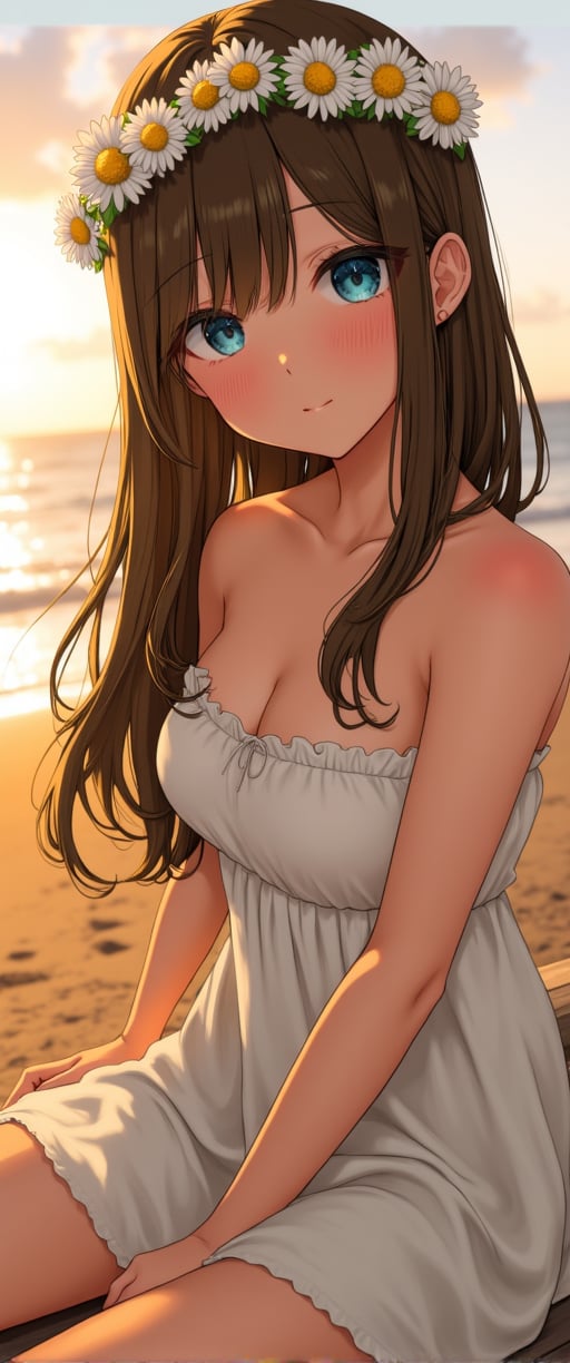 A serene woman with deep blue eyes and long, flowing hair decorated with a crown of daisies. She is dressed in a simple, white cotton dress. The background shows a blurred beach scene with gentle waves and a golden sunset.,Shinobu_RT_flux
,ct-physmstyle,ct-anime55