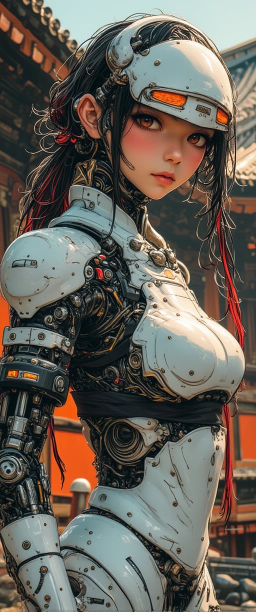 , anime, cyberpunk robot samurai woman, long loose two-tone hair, black with red streaks, helmet, white and neon armor, robot joints, body made of metals, cables and wires, , abstract background of traditional east asian palace architecture,ct-physmstyle,ct-anime55