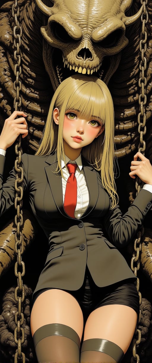  A hyper-realistic portrait of a stunning supermodel, featuring a beautifully detailed face with captivating eyes and a serene expression,(Stunning illustration of upper body and face of young beautiful girl.:1.5), This anime-style illustration is a detailed blend of gothic, horror, and fantasy elements. It depicts a stoic young girl in a blazer school uniform with a skeletal dragon-like monster looming behind her. The girl is restrained by coiled chains with her arms open, the chains connecting her to the creature, symbolizing a bond and symbiosis. The background is chaotic, with abstract patterns and mechanical parts, creating a supernatural atmosphere. The muted color palette highlights the red of the girl’s necktie. The artwork, rich in symbolism and intricate details, contrasts innocence with hidden darkness, typical of dark fantasy and horror genres in anime and manga.,ct-fantasioil,ct-anime55,ct-physmstyle,ct-jennie