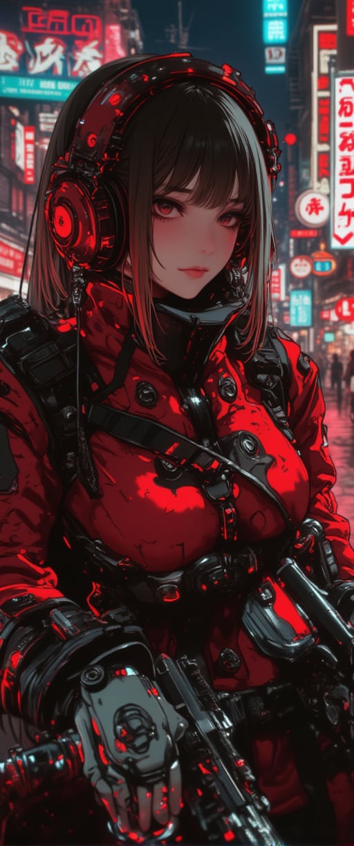 cyberpunk anime, stunning Japanese woman wearing red and black sci-fi power armour, headphones, dark eyeshadow, holding assault rifle on cyberpunk street at night, neon signs and advertising, bokeh, side lighting,ct-physmstyle