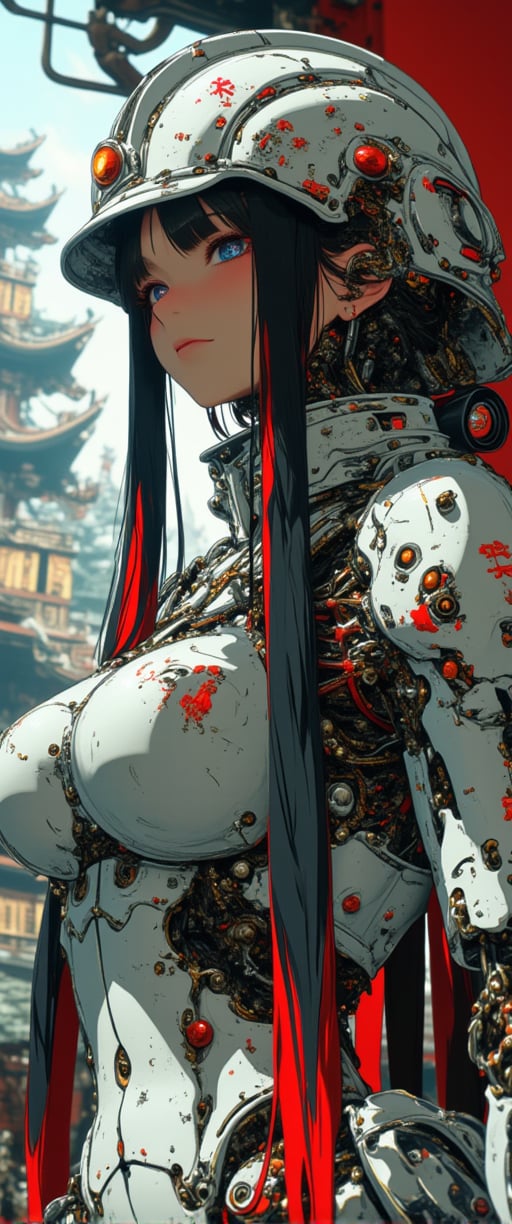 , anime, cyberpunk robot samurai woman, long loose two-tone hair, black with red streaks, helmet, white and neon armor, robot joints, body made of metals, cables and wires, , abstract background of traditional east asian palace architecture,ct-physmstyle