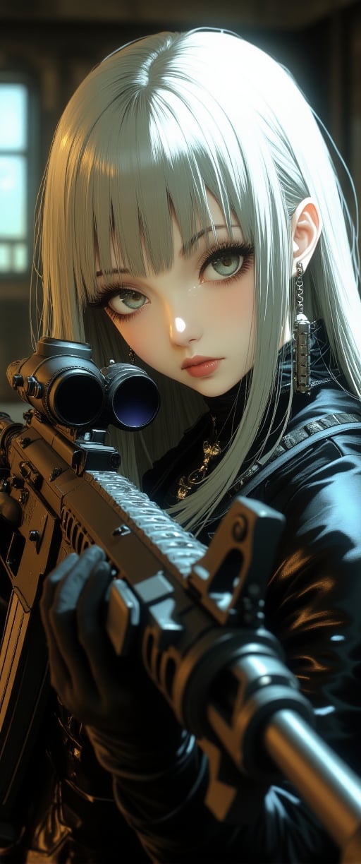 anime image, goth cyberpunk woman, long silver straight-cut hair, bangs, earrings, striking make-up, holding an assault rifle, aiming and ready to fire, cowboy shot, dingy bar, directional lighting,ct-physmstyle