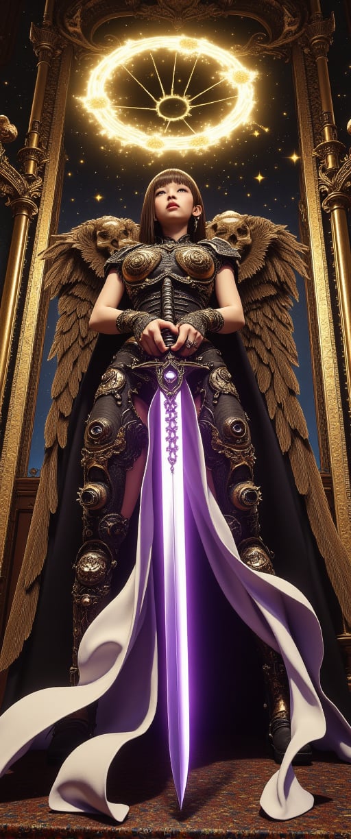 Rococo masterpiece 'Angel of Steel' captures angelic female figure encased in steampunk exoskeleton with intricate knobs and gauges. Amidst medieval cathedral's grandeur, she holds massive two-handed sword ablaze with intense purple light. Heavenly blessings manifest as golden melodic swirls surrounding her, while starlight spots illuminate her form. Medieval cloth strips cascade behind her like a regal cape. Framed by high angle and chiaroscuro lighting, the scene unfolds in Mannerist painterly grandeur.,ct-fantasioil,ct-horrority,ct-anime55,ct-physmstyle,ct-jennie