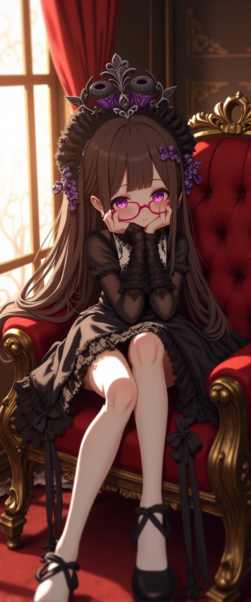 In a warm, golden-lit chamber, a captivating anime-style maiden sits serenely on a plush, crimson-red cushion. Her Gothic Lolita attire shines with intricate details: a black lace-trimmed dress adorned with delicate frills and ribbons, which fall like wisps of night clouds around her petite frame. Pink-rimmed glasses perch on the end of her nose, adding a touch of whimsy to her demure expression. Thigh-high stockings in sheer white add a pop of innocence beneath black lace gloves that seem to whisper secrets up her slender arms. Platform shoes, their ribbons fluttering like tiny flags, elevate her feet to an ethereal realm. Tresses styled in loose curls cascade down her back, where a Gothic headdress adorned with silver and purple accents crowns her raven tresses like a dark, mystical throne. The muted tones of the setting, richly hued with silvers and purples, harmonize with her elegant yet adorable visage, as if the very essence of the night had been distilled into this enchanting scene.,ct-physmstyle