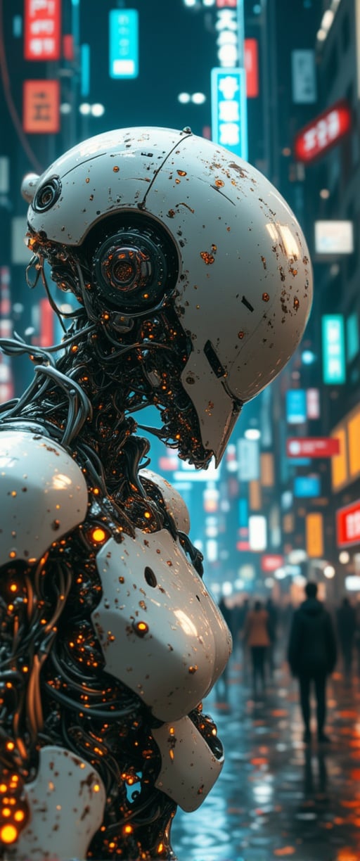 detailed cyberpunk anime image, masterpiece, battle robot, white ceramic armor, reflective faceplate, glowing circuitry, robot joints and cables, cyberpunk street, neon signs, lcd advertsing screens, night, bokeh, masterpiece, perfect composition,ct-physmstyle