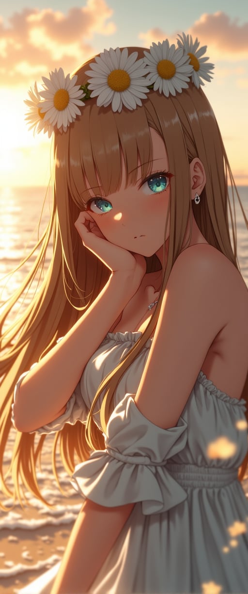 A serene woman with deep blue eyes and long, flowing hair decorated with a crown of daisies. She is dressed in a simple, white cotton dress. The background shows a blurred beach scene with gentle waves and a golden sunset.,Shinobu_RT_flux
,ct-physmstyle