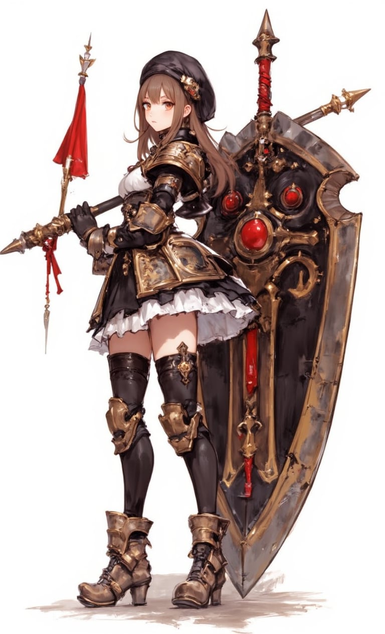 An animated image of a girl in a black and white outfit holding a sword in her right hand. The girl is wearing a black hat on her head. She is standing in front of a large black and gold shield. The shield has a red circle in the center of it. There is a red flag on the left side of the frame. The background is white.,fantasy girl