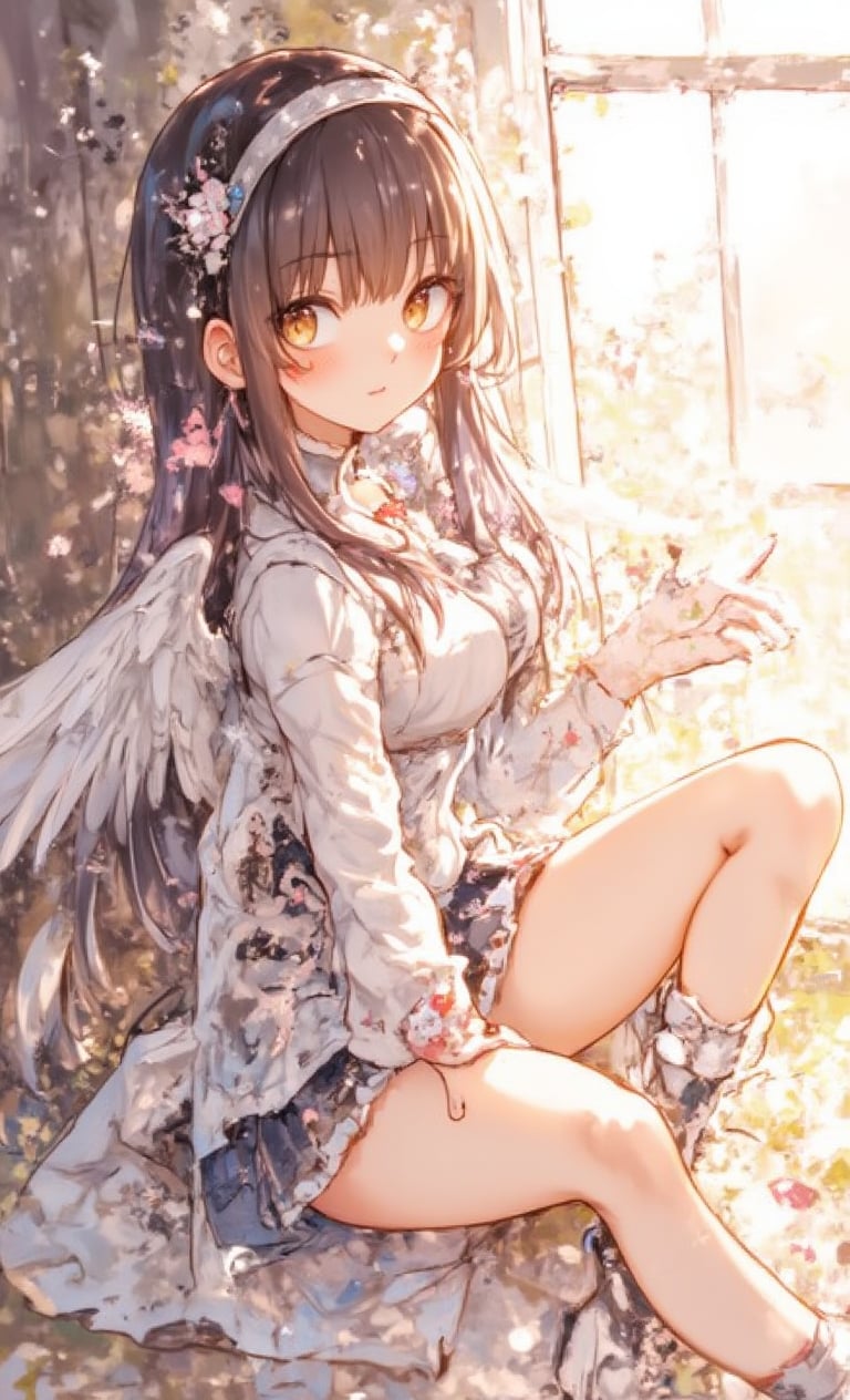 1girl, solo, long hair, looking at viewer, blush, bangs, shirt, black hair, hair ornament, long sleeves, brown eyes, sitting, closed mouth, full body, white shirt, wings, shorts, hair flower, window,  sandals, feathered wings, reflection, angel wings, white wings, angel,fantasy girl