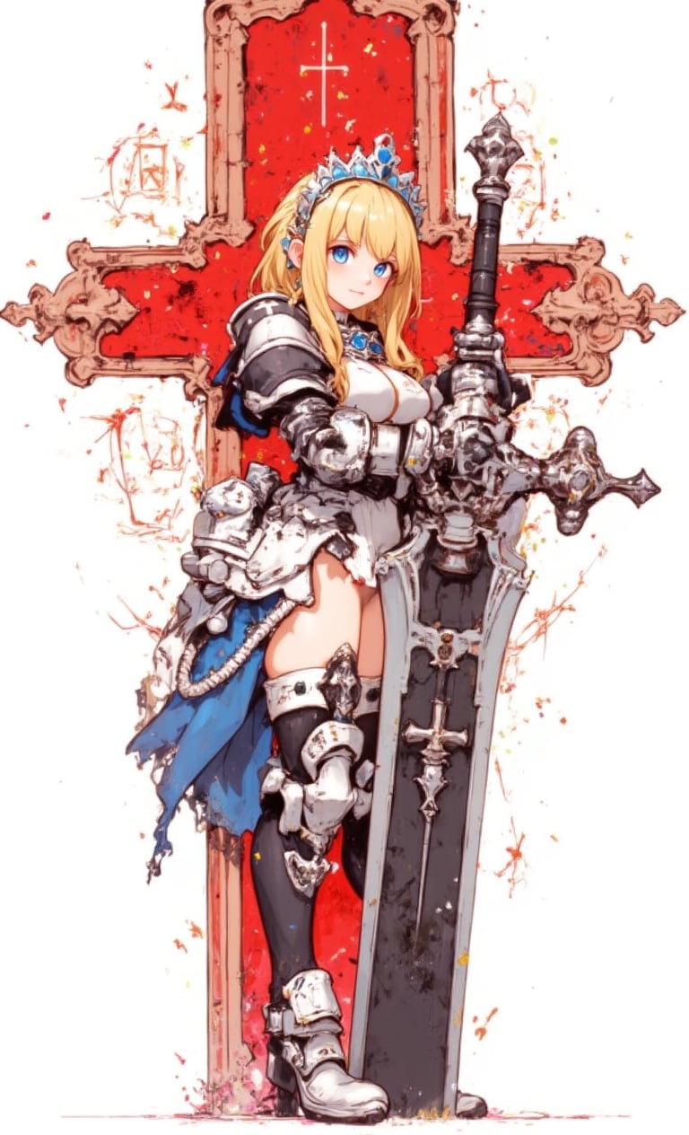 It features a cartoon of a female warrior standing in front of a red cross with a silver cross on the left side of the frame. The female warrior wears a blue and white outfit with silver accents. Her blonde hair is tied in a ponytail and she has a crown adorning her head. She holds a sword in her right hand and her left hand is resting on the cross. The background is plain white with a cross design in the top right corner.,fantasy girl