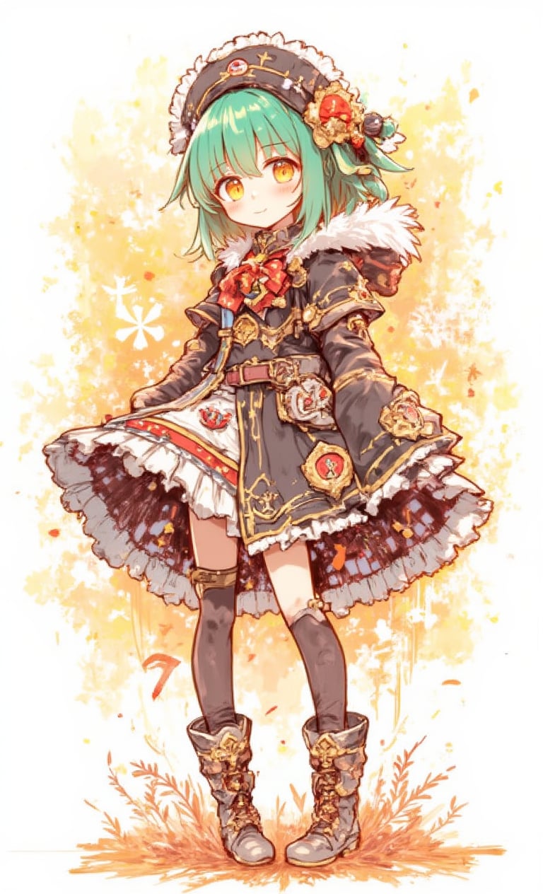 1girl, solo, looking at viewer, blush, smile, short hair, bangs, skirt, hair ornament, thighhighs, long sleeves, dress, ribbon, closed mouth, standing, jacket, full body, yellow eyes, boots, frills, green hair, black thighhighs, wide sleeves, twitter username, high heels, red ribbon..,fantasy girl