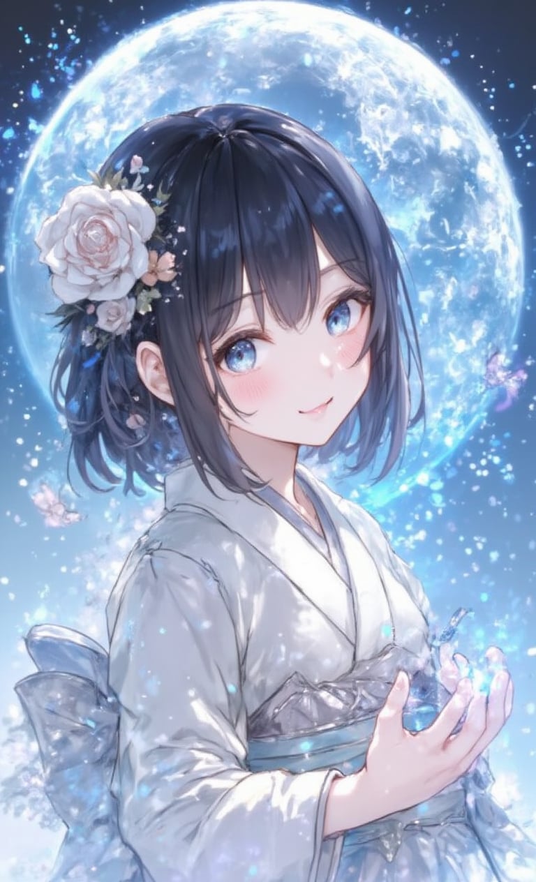 1girl, solo, looking at viewer, blush, smile, short hair, bangs, blue eyes, black hair, hair ornament, long sleeves, closed mouth, upper body, flower, japanese clothes, hair flower, kimono, rose, moon, bug, white flower, butterfly, full moon, white kimono, white rose, blue butterfly,fantasy girl