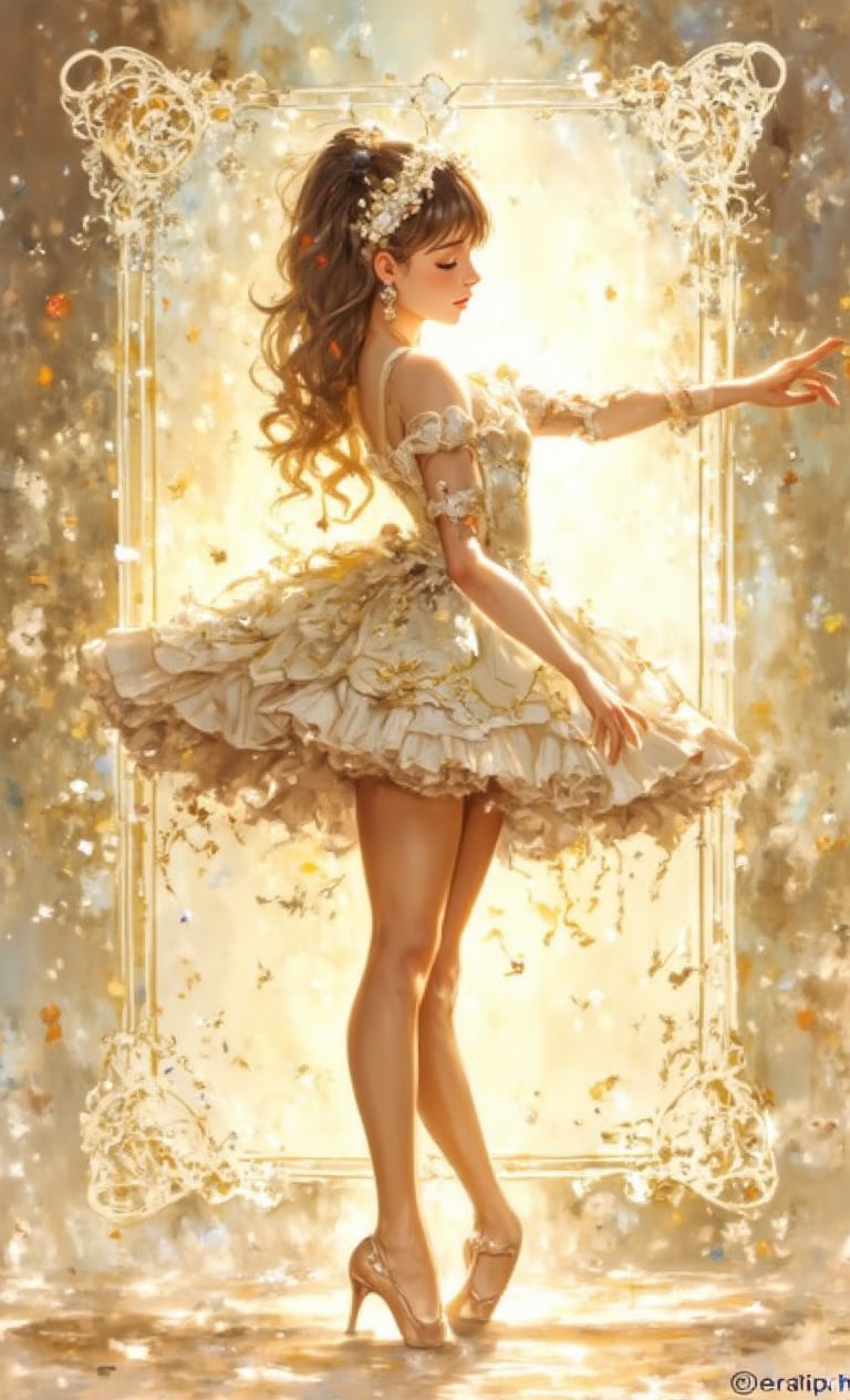 A scene where a girl is striking a ballet pose against a simple light-colored background. She shines on stage wearing an elegant ballet dress. The frame is decorated with lace and musical note motifs, enhancing its classic beauty.,fantasy girl