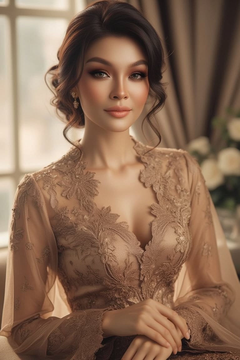 A serene and statuesque woman poses in front of a window, softly illuminated by the warm morning light. Her loose updo is artfully disheveled, delicate strands framing her porcelain complexion. She wears a vintage-inspired lace gown with intricate patterns, its flowing folds rustling subtly as she stands majestically. The soft focus highlights her features, exuding timeless elegance and poise.